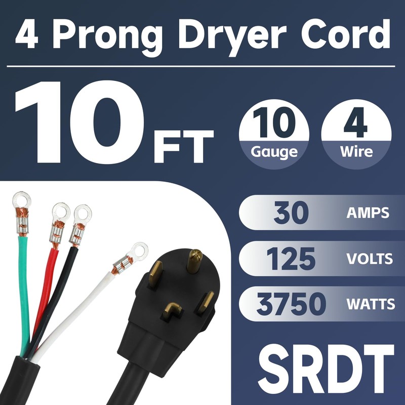EP 4 Prong Dryer Cord, 10 ft 10/4 SRDT, 30Amp