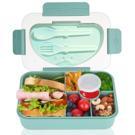 RUHMEX Children's Lunch Box with Compartments, 1350 ml, Lunch Box Children's Bento Box, Leak-Proof with 5 Compartments, Cutlery Set, Breakfast Box for Girls Boys Nursery, Lunch Box for Adults (Green)