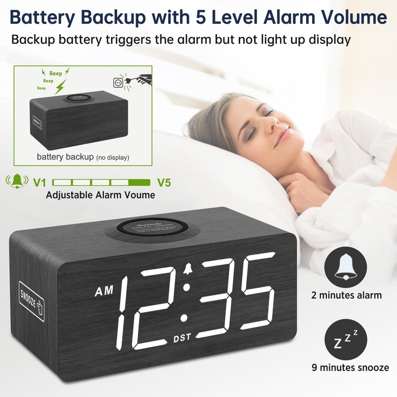 DreamSky Wooden Digital Alarm Clock with Wireless Charging for Bedroom,