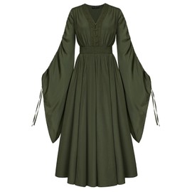 Scarlet Darkness Renaissance Costume Women Elf Fairy Dress Drawstring Bell Sleeve Long Medieval Dress Army Green L