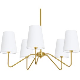 5-Light Modern Chandelier with White Shades, 30” Brass Gold Chandelier for Dining Room, Classic Pendant Ceiling Light Fixture w/ E12 Base Hanging Lamp for Living Room Hallway Bedroom Height Adjustable
