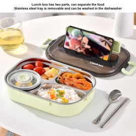 Fyearfly Bento-Lunchbox mit 4 Fächern, tragbare Lunchbox aus 304 Edelstahl für Kinder, 1,3 l Bento-Box mit vier Fächern und Suppenschüssel, Essstäbchen, Löffel für Erwachsene und Kinder(Grün)