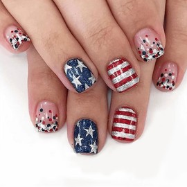 4th of July Press on Nails Short Square Fake Nails Independence Day Glitter Star and Red White Stripe Design Full Cover Acrylic Glue on Nail Holiday Glossy False Nails for Women Manicure Decoration