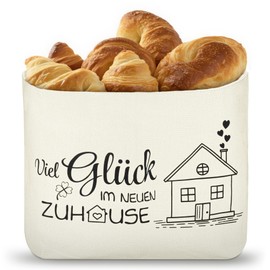 Stoff Brotkorb mit Aufdruck, Geschenk zum Einzug, Einzugsgeschenke Haus, Brötchenkorb aus Stoff, Praktische Brotkörbchen, Wohnungseinweihung Geschenkidee (Viel Glück im neuen Zuhause)
