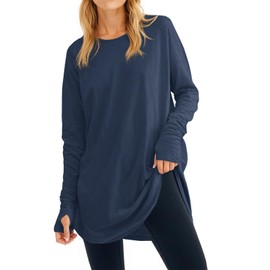 Fisoew Women's Casual Long Sleeve Tops Crew Neck Round Hem Loose T-Shirts Tunic Tops with Thumb Holes Navy