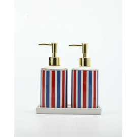 Patriotic Red, White & Blue Ceramic Soap Dispenser Set with Gold Pump – 3-Piece Bathroom & Kitchen Accessories with Tray, Refillable Lotion & Dish Soap Pump Bottles for Fourth of July & Nautical Décor