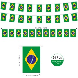 AhfuLife Brazil Flag Bunting for Party Decorations, 10m - 30pcs Brazilian Flags Bunting Banner Double Sided Flags for National Day World Cup Football Garden Street Decorations (14 x 21 cm - 1 Pack)