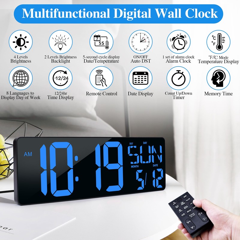 Large Digital Wall Clock with Remote Control 17.2" LED Large