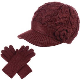 BYOS Womens Winter Warm Lined Flower Cable Knit Newsboy Cabbie Hat & Gloves Set