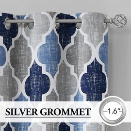Beauoop 100% Blackout Curtains 45 Inches Long 2 Panels for Bedroom Living Room Blue Grey Moroccan Geo Room Darkening Thermal Insulated Soundproof Grommet Top Window Treatments Drapes, 50x45 Set of 2