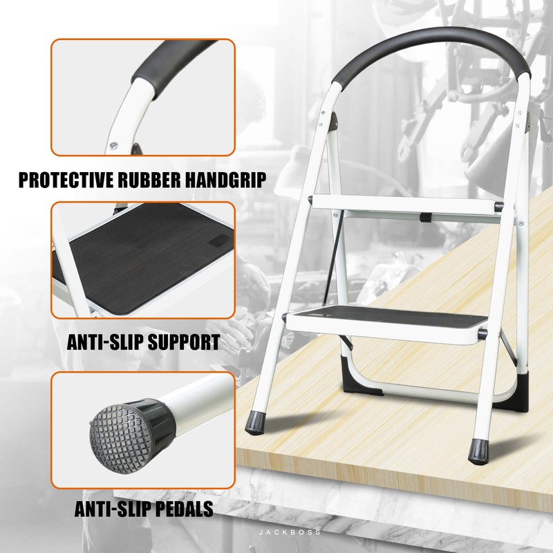 Jack Boss 2 Step Ladder, Folding Lightweight Step Stool with