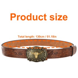 Wisebom Western Cowboy Cowgirl Leather Belt, Mens Cowboy Belt Western Belts for Men Women with Engraved Floral Bull Head Buckle Western Leather Buckle Belt for Jeans (110 cm: Fit Waist 35-38’’)