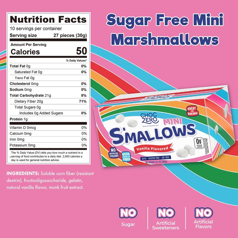ChocZero Mini Marshmallows, Sugar Free, High Fiber, Gluten Free, Low