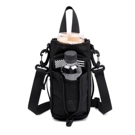 Dual Tactical Molle Water Pouch, Tactical Bottle Holder Storage Bag for 32oz Carrier ,Drawstring Open Top & Zipper Open Front, Travel Water Bottle Bag with Shoulder Strap and Patch (Black)