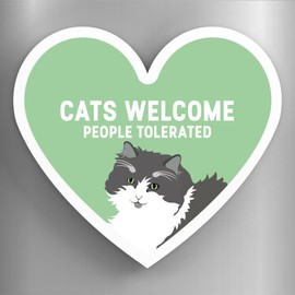 Global Designs Grey And White Cats Welcome People Tolerated Katie Pearson Artworks Heart Shaped Wooden Magnet