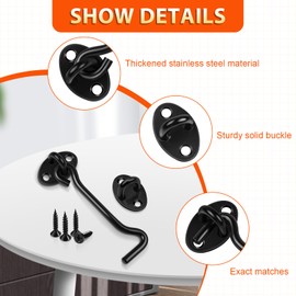 2 Pack Hook and Eye Latch, 4 Inch Black Cabin Hooks Stainless Steel Eye Gate Latch Easy Lock, Sliding Door Hooks Barn Door Catch Hardware with Screws for Outdoor Garden Shed Patio Window Wooden Gates