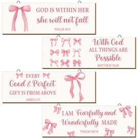 Yousoontic 4 Pcs Coquette Pink Bow Christian Wall Art Decor Preppy Aesthetic Bible Verses Bow Wooden Room Decor for Women Bedroom Bathroom Home Decoration