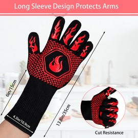 BBQ Fireproof Gloves, Grill Cut-Resistant 1472°F Heat Resistant Gloves, Non-Slip Silicone Oven Gloves, Kitchen Safe Cooking Gloves for Oven Mitts,Barbecue,Cooking, Frying,13.8 Inch-Red