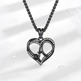 INFUSEU A Necklace Pendant Letter A-Z Alphabet Capital Jewelry Double Heart Initial Necklaces Black Cubic Zirconia Gifts for Women Couple, 20 Inch Chain