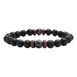 Textiles 4 Home Natural Black Lava Rock Beaded Bracelet Lava stone, Wood and Chakra stone, Surfer Boho Style Fashion Jewellery for Men Women Black Larvikite