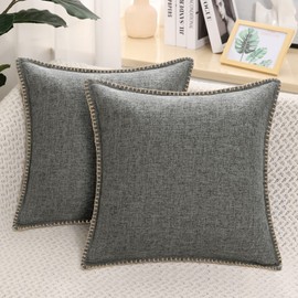 decorUhome Set of 2 Linen Cushion Covers 40X40cm,Decorative Outdoor Plain Vintage Cushion Covers with Stitched Edges, Square Farmhouse Neutral Pillow case 16x16 Inch for Sofa, Dark Grey