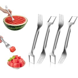 Cortador de frutas de acero inoxidable 2 en 1, tenedor portátil mejorado de sandía, cortador de tenedor de frutas, adecuado para el hogar, fiesta, camping y cocina, herramientas pequeñas (4 unidades)