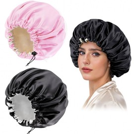 Large Double Layer Satin Sleeping Cap with Adjustable Elastic Band and Button Closure Free Size/Blue Double Layer 4ea