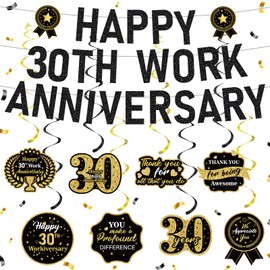 11pcs 30 Year Work Anniversary Decorations Black Gold Happy 30th Work Anniversary Banner Hanging Swirls Employee Appreciation Decorations Supplies 30 Year Workiversary Gifts for Employee Worker