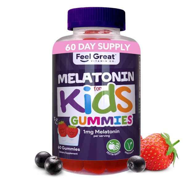 Feel Great Kids Melatonin Gummy | Strawberry Flavored Melatonin Gummies Kids | 1 MG of Melatonin Sleep Aid for Kids | Vegan Gummies | 60 Day Supply