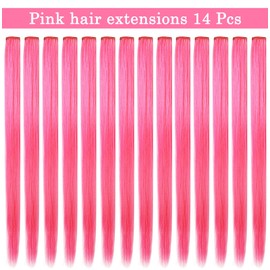 ECOCHARMS 14 Pcs Colored Hair Extensions Heat-Resistant Synthetic straight Hairpiece,Multi-colors Party Highlights Clip in Hair Extensions Cosplay Fashion Party Christmas Gift for Women Girls and Kids (Pink)