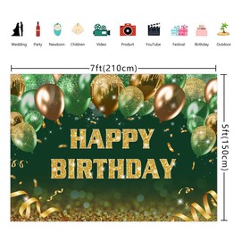 7x5ft Green Gold Birthday Backdrop Gold Green Glitter Bokeh Balloons Happy Birthday Photography Background for Women Men Kids Party Decoration Photo Banner Props