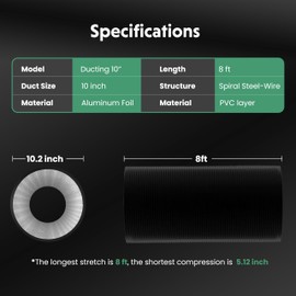 HealSmart 10 Inch 8 FT Flexible Aluminum Duct, Equipped with 2 Clamps and 4 Layers of Protective Drying Tube for Heating Cooling Ventilation and Exhaust Fan, Black