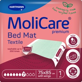 MoliCare Premium Bed Mat Textile 7 Drops (1950 ml Capacity) - Washable Incontinence Bed Pad with Tucks for Adults or Children, Waterproof Mattress Protector, 75x85 cm, Oekotex Certified, Pack of 1