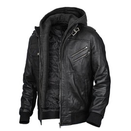 MISTRIL Mens leather jacket Geniune motorcycle Fashion jacket men with removable hood leather jacket for man Leather jacket (US, Alpha, Small, Regular, Regular, Black)