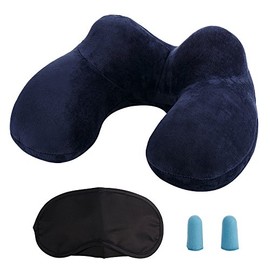 LUZWAY Inflatable Travel Pillow Neck Pillow Kits Ergonomic Soft Velvet Washable Pillowcase with Ear Plug and Eye Mask, Idea for Kids, Sleeping on Airplane, Car, and Train