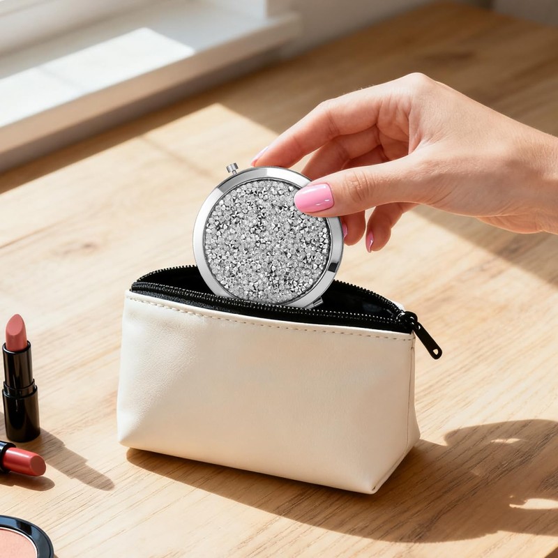 LALAFINA Rhinestone Compact Mirror Double-Sided Round Pocket Makeup Mirror for