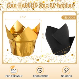 Queekay Tulip Cupcake Liners for Baking Muffin Aluminum Foil Paper Baking Cups Disposable Cupcake Wrappers Greaseproof Muffin Liners for New Year Wedding Baby Shower Xmas (Gold, Black, 400 Pcs)