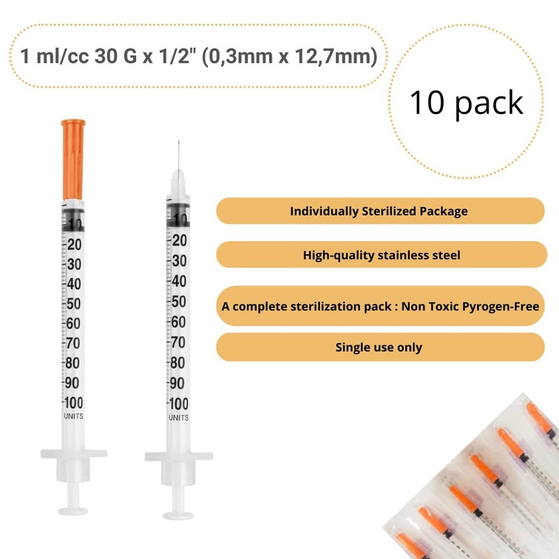 1ml/cc 30G 1/2" 12,7mm Syringe U-100, Individually Wrapped, Lab Accessories,