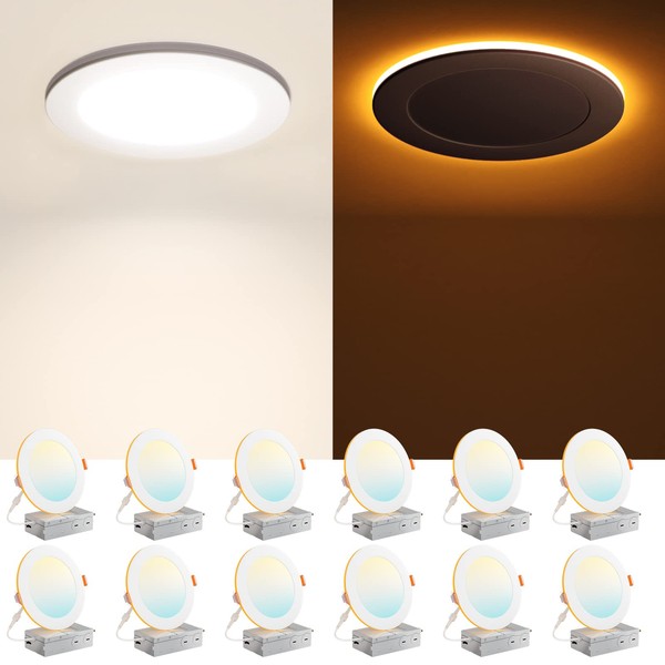 Amico 12 Pack 6 Inch 5CCT LED Recessed Ceiling Light with Night Light, 2700K/3000K/3500K/4000K/5000K Selectable Ultra-Thin Lighting, 12W=110W, 1100LM, Dimmable Canless Wafer Downlight ETL&FCC
