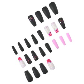 24Pcs Black Press on Nails Medium Square Fake Nails Pink Ombre Glue on Nails White False Nails with Multi-Colored Dots Designs Summer Cute Medium Coffin Stick on Nails for Women