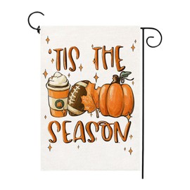 Fall Garden Flag Tis The Season 12×18 Inch Double Sided Foootball Pumpkin Burlap Flag Outside Vertical Spice Latte Holiday Farmhouse Leaf Outdoor Yard Decor
