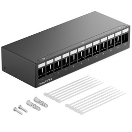 deleyCON 12 Port Patch Panel Housing 1 HE for 14.9 mm x 17 mm Keystone Module with e.g. RJ45 Coaxial Connector BNC F-Connector Antenna Connector RJ-11 RCA Jack USB Toslink PS2 HDMI - Black