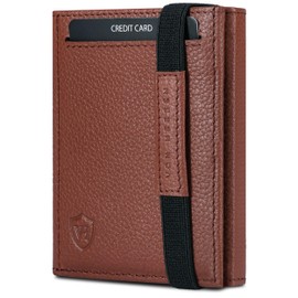VON HEESEN Slim Wallet with RFID Protection - Mini Wallet Men & Women Small - Credit Card Holder - Purse Wallet, Cognac Brown Grained, With XL coin pocket, With XL coin compartment
