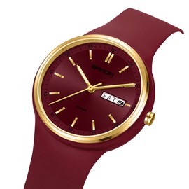 Yuxier Watches for Women Unisex Quartz Wristwatches Women's Sport Watch MInnimalist Casual Wristwatch with Soft Strap Double Calendar (Red)