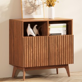 Concho Fluted Storage Cabinet Walnut, Modern Buffet Sideboard with Storage, Accent Cabinet with Solid Wood Legs, Console Table with Doors and Shelves, Credenza for Living Room, Hallway, Entryway