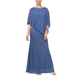 S.L. FASHIONS Women's Long Length Sequin Lace Beaded Capelet Dress, Formal Evening Gown, (Petite and Regular Sizes), Wedgewood, 10