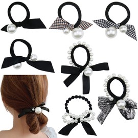 7 Pcs Pearl Black Elastic Hair Ties Ponytail Holders Pearl Rubber Band Hair Ropes Headbands Hair Accessories Scrunchie Ropes for Women Girls