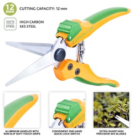 GRÜNTEK Colibri Long Secateurs 7.6", Pruning Shears with Centered Precision Blade, SK5 Blades, Compact Design, Ergonomic Handles, Forged Body