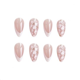 SINHOT Medium Press on Nails Almond Fake Nails Glossy Glue on Nails White Flower Acrylic Nails Stiletto Artificial Nails Gold Glitter Stick on False Nails with French Tip Design 24 pcs
