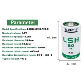 DCYNXC 2- Pack LSH20 3.6V LiSOCl2 Lithium Battery R20/D 3.6V 13.0 Ah LSH 20 ER34615M Battery 13000mAh
